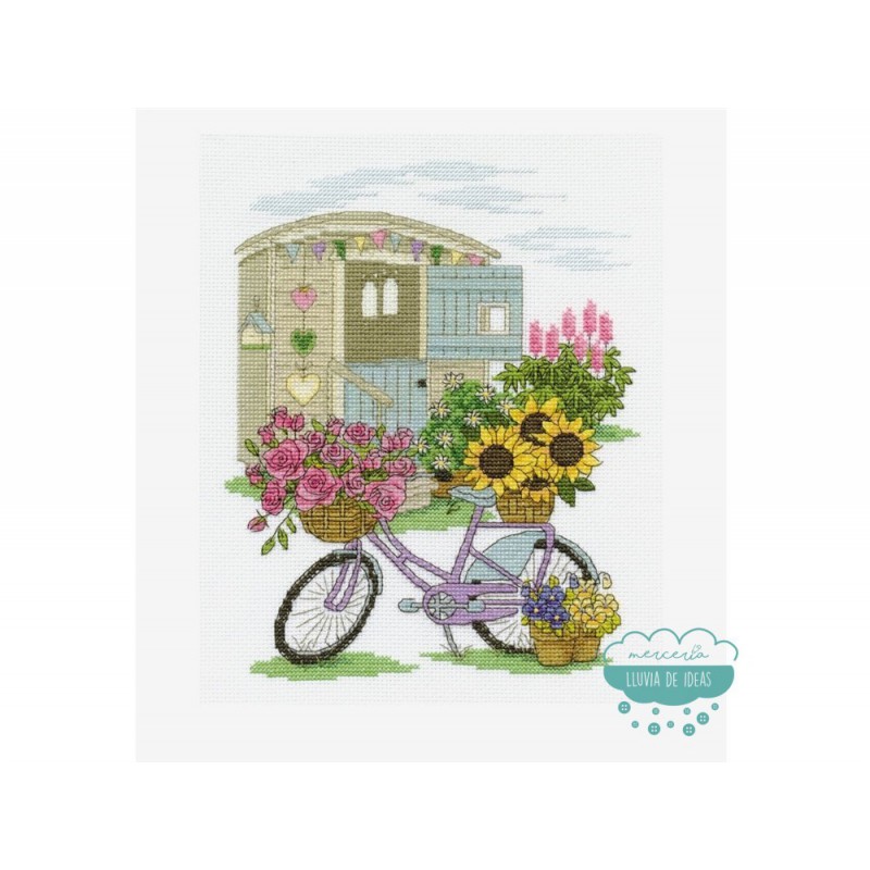 Kit punto de cruz DMC - Bicicleta flores ☁ Mercería Lluvia de Ideas ☁